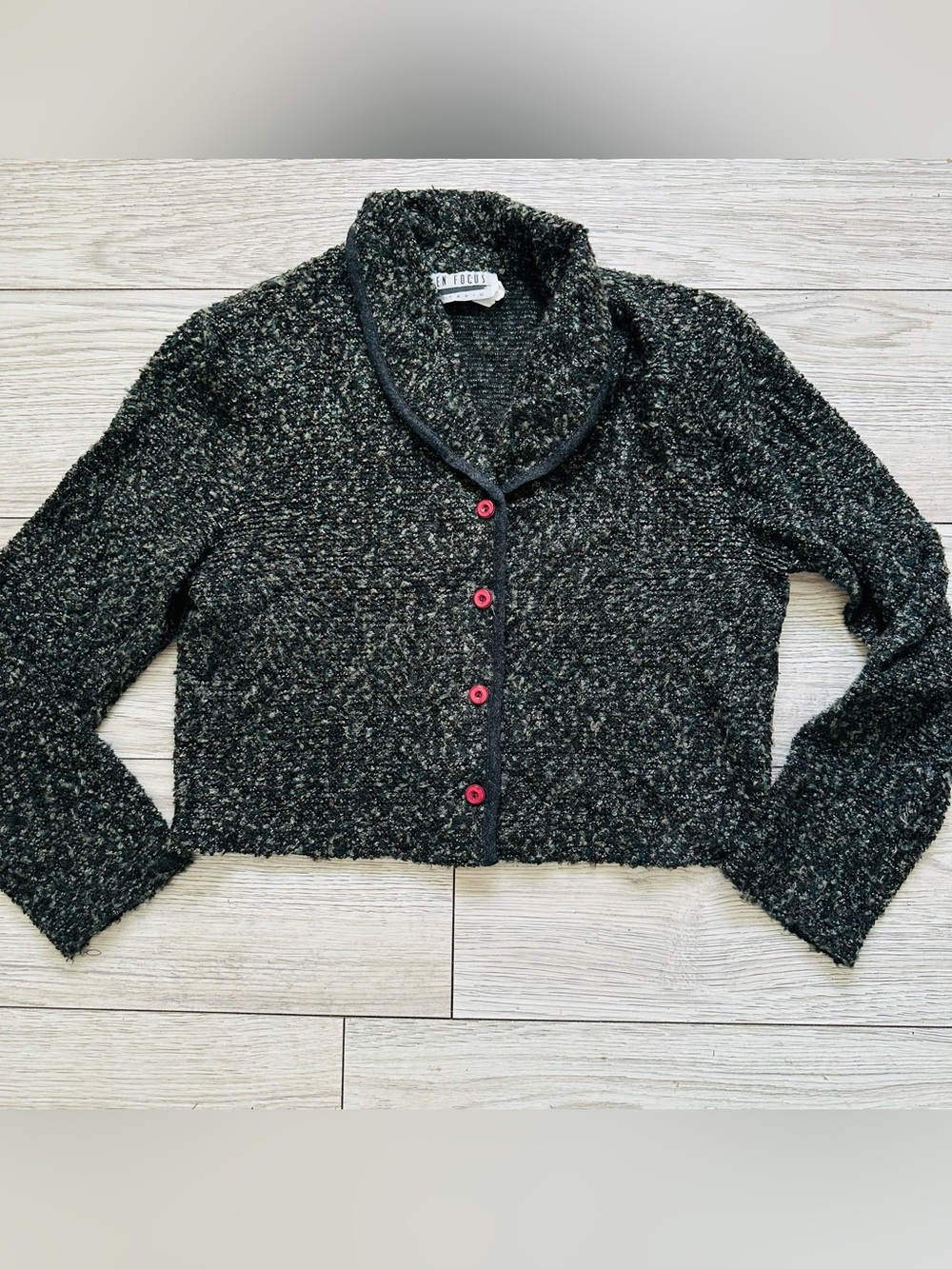 Enfocus Studio Black Bouclé Shawl Collar Cardigan with Pink Buttons